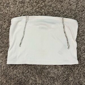 Bershka White Ribbed Tube Top w/ Rhinestone Straps